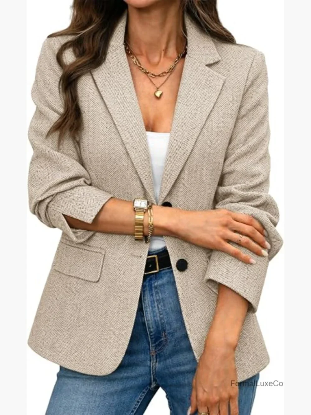 Women's Herringbone Tweed Blazer – Slim Fit Business Casual Work Jacket with - Picture 1 of 7